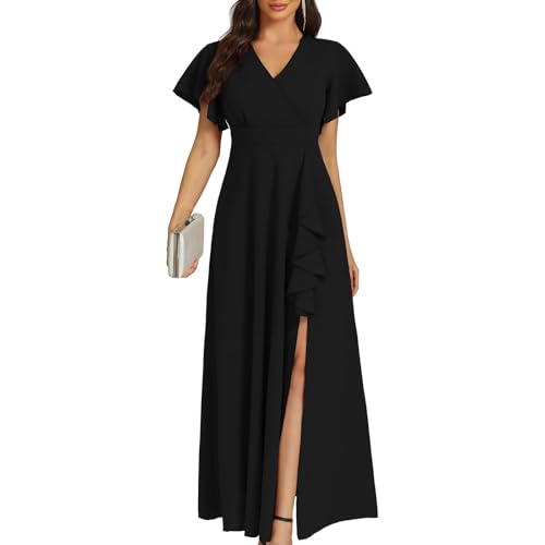 Women's Black Long Formal Dresses Cocktail Wedding Guest Dress Ruffle Split Elegant V Neck Party Gowns