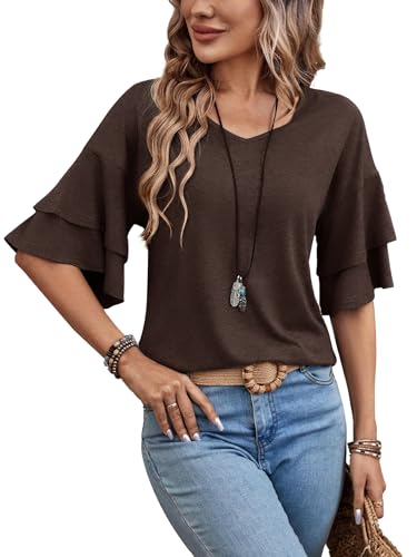 Womens Blouses Ruffle Sleeve T Shirts V Neck Double Tiered Bell Sleeve Top Spring Fall Summer Fashion Clothes Cute Tunic