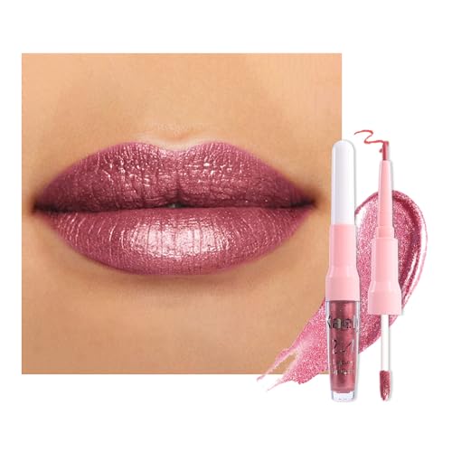 Kaely 2in1 Mauve Metallic Lipstick and Lip Liner, Shimmer Glitter Lip Gloss Long Lasting Waterproof 24 Hours, Pearlescent Sparkly Liquid Lipsticks Stain Makeup for Women, Vegan Formula, 16