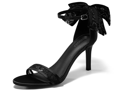 Coutgo Womens High Heels Sandals Lace Bow Tie Back Open Toe Ankle Strap Sexy Stiletto Wedding Party Dress Shoes