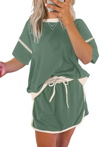 EVALESS Women's 2 Piece Sets Summer Casual Short Sleeve Tops Matching Drawstring Mini Skirt Going Out Lounge Outfits