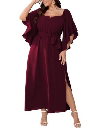 SCOMCHIC Women Plus Size Wedding Guest Maxi Dress Square Neck Ruffle 3/4 Sleeve Belted Slit A Line Formal Long Dresses