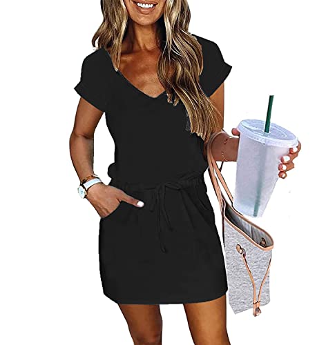 Womens Summer Dress Lantern Sleeve Square Neck Tie Front A-Line Double Layer Hem Mini Dresses