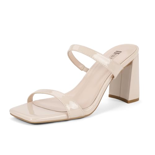 IDIFU IN3 Chunky Block Heels for Women Square Open Toe Heels Comfortable Sexy Summer Cute Trendy Slides Heeled Sandals Prom Wedding Party Dress Shoes for Women Two Strap Slip On Mules Low Short Heels