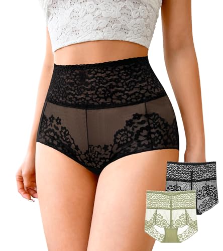 J-pone Women High Waisted Lace Underwear Sexy Stretch Breathable Full Coverage Briefs, 2 Pack