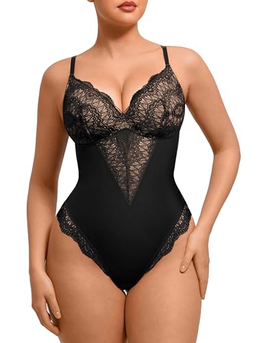 FeelinGirl Womens Body Suits Shapewear Tummy Control Backless Thong Body Shaper V Neck Compression Lace Bodysuit Tops