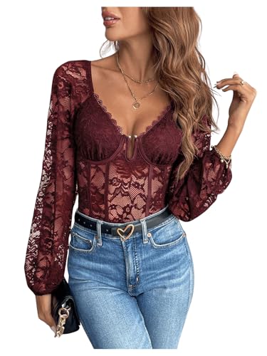 SweatyRocks Women's Lace Long Sleeve Corset Bodysuit Tops Sheer Mesh V neck Jumpsuit