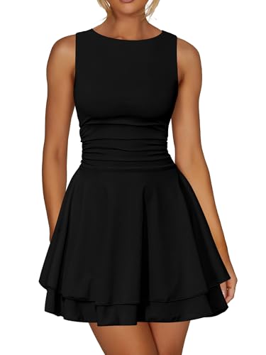 Kaximil Women's Ruffle Hem Boat Neck Mini Dress Sleeveless Ruched Corset Short Party Dresses