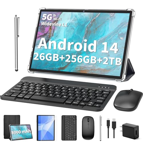 2025 Tablet, Android 14 Tablets 10 inch with Keyboard, 26GB RAM+256GB ROM(2TB Expand), 2-in-1 Tablets with 8-Core, 8000mAh, 5G WiFi, Widevine L1, GMS, with Case, Keyboard, Mouse, Stylus(Black)