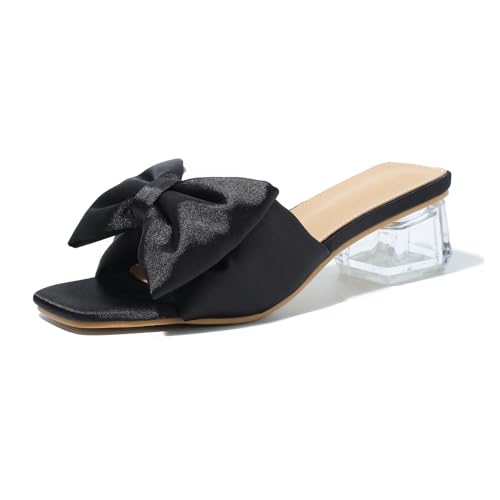 Heiyom Women's Square Toe Low Block Chunky Heels Mules Sandals Bowknot Slip on Clear Heels Wedding Bridal Party Dress Shoes