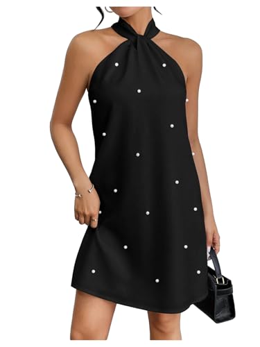 Floerns Women's Pearl Beaded Halter Twist Sleeveless Tie Back Dress A Line Dress