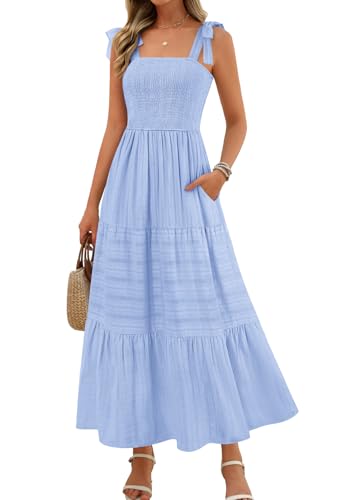 MEROKEETY Women's Summer Boho Maxi Dress Beach Vacation Casual Smocked A Line Sundress with Pockets