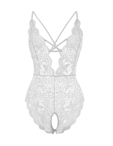 Fem&Fata Women's One Piece Lingerie Sexy Lace Teddy Deep V Bodysuit Underwear S-XXL