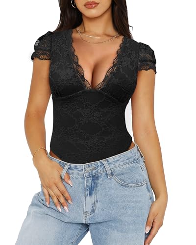 Saslax Women's Sexy Deep V Neck Short Sleeve Lace Bodysuit Double Lined Body Suit Thong Going Out Tank Tops