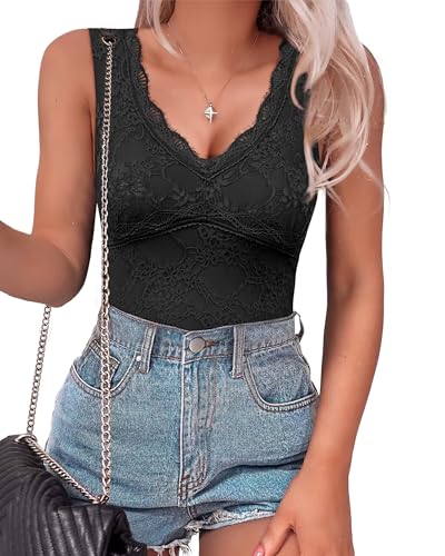 SAUNGKUAI Women's Deep V Neck Lace Bodysuit Sleeveless Tank Top Thong Body Suit Leotard Going Out Tops