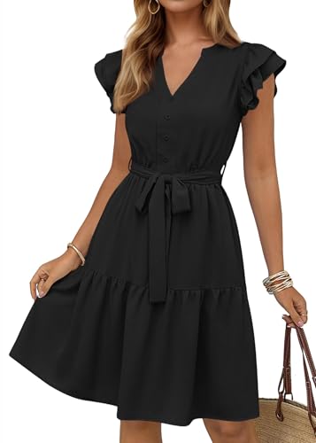 KIRUNDO Women Flutter Sleeve Summer Dress 2025 Spring V Neck Ruffle Flowy Tiered Knee Length Belted Beach Vacation Sundress