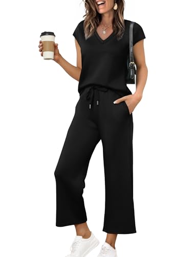 Saloogoe Two Piece Sets for Women Summer Outfits Lounge Sets V Neck Tops Wide Leg Pants Woman Vacation Travel Outfits