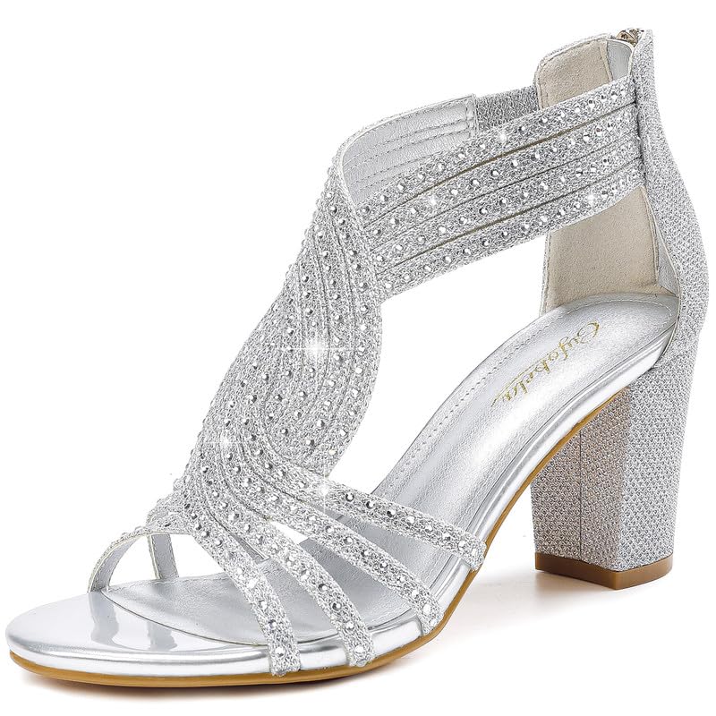 Women's Rhinestone Sparkly Chunky Block Heel Sandals Open Toe Dressy Shoes with Zipper Closure for Wedding Prom Homecoming Hoco Formal Events