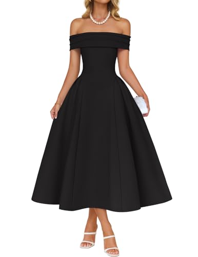 ZESICA Cocktail Dresses for Women's Elegant Off Shoulder Short Sleeve Swing A Line Wedding Evening Party Midi Dress