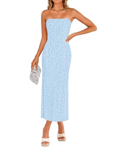 ZESICA Women's 2025 Summer Boho Floral Strapless Bodycon Dress Off Shoulder Tube Beach Party Long Midi Dresses