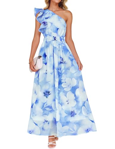 ZESICA Women's 2025 Boho Floral Sleeveless Maxi Dress Ruffle One Shoulder Elatsic High Waist Beach Party Long Dresses