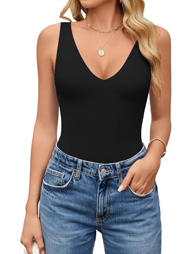 Avidlove Women's Sexy Plunge Deep V Neck Bodysuit Double Lined Sleeveless Thong Body Suit Leotard for Going Out Tank