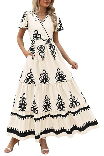 PRETTYGARDEN Womens 2025 Summer Casual V Neck Boho Maxi Dress Flowy Aline Bell Sleeve Tiered Floral Dresses with Pocket