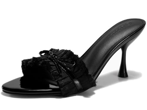 Coutgo Womens High Heels Mules Open Toe Bow Tie Sandals Ruffle Stiletto Slip on Prom Dress Shoes