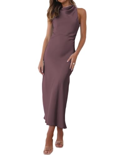 Halfisland Satin High Neck Backless Sleeveless Midi Dresses for Women Elegant Mock Neck High Waist Cross Back Cocktail Dress