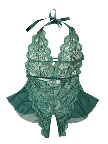 SOLY HUX Women's Floral Lace Sheer Teddy Lingerie Bodysuit Halter Deep V Neck Babydoll Nightwear