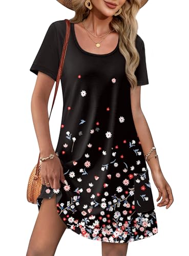 OFEEFAN Summer Dresses for Women 2025 Loose U Neck Short Sleeve Casual Beach Vacation Tshirt Dress Sundresses wih Pockets