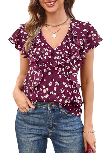 ECOWISH Womens Floral Blouses 2025 Summer Ruffle Short Sleeve V Neck Shirts Casual Business Work Boho Tops
