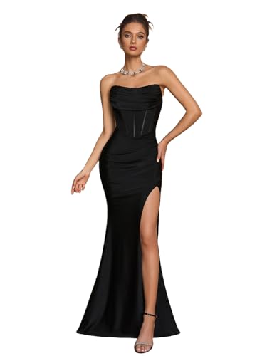 Women's Cocktail Dresses Elegant Black Strapless Slit Mermaid Evening Dresses for Wedding Guest