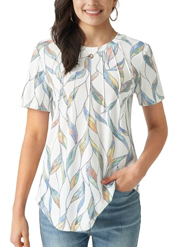 Womens Short Sleeve Tops Summer Tops for 2025 Casual Crew Neck Pleated Tops Blouses Fashion