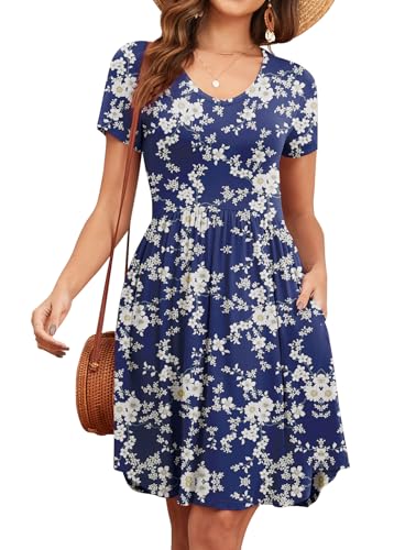 Women's 2025 Summer Short Sleeve Dresses Casual Loose Fit Swing T Shirt Dress V Neck Sundress with Pockets
