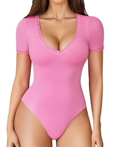 Avidlove Short Sleeve Bodysuit for Women Lace V Neck Body Suits Double Lined Bodysuits Sexy Going Out Top