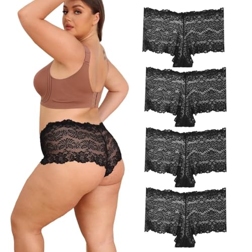 Timothee Womens Plus Size Panties Mid Rise- Lace Boyshorts Panty, Cheeky Underwear Boy Shorts for Women, Pack of 4