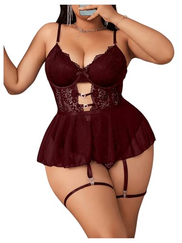 MakeMeChic Women's Plus Size Teddy Lingerie Sets with Garter Cut Out Floral Lace Exotic Lingerie Bodysuit