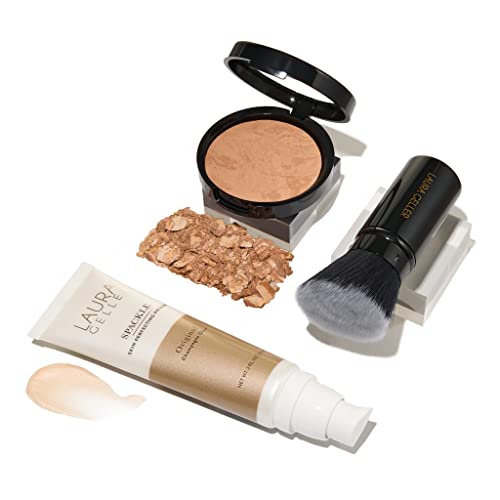LAURA GELLER NEW YORK Everyday Routine Kit - Baked Balance-N-Brighten Color Correcting Powder Foundation, Golden Medium + Retractable Angled Kabuki + Spackle Makeup Primer, Champagne Glow (3 PC)
