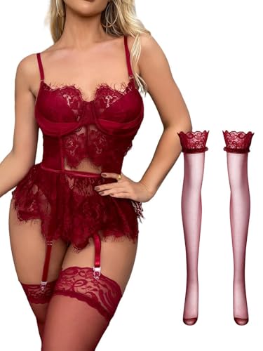 Lilosy Sexy Stocking Underwire Babydoll Lace Mesh Garter Lingerie Set with Panty 4 Piece