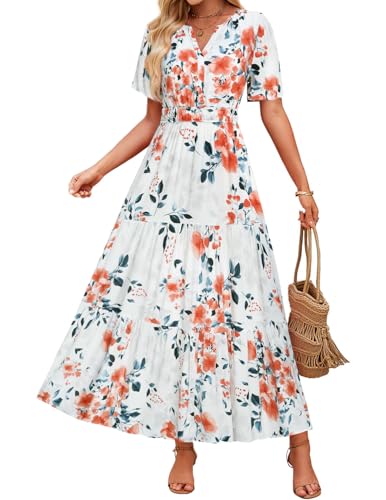 ZESICA Women's 2025 Summer Casual Floral Print Short Sleeve V Neck High Waist A Line Tiered Flowy Boho Maxi Dress