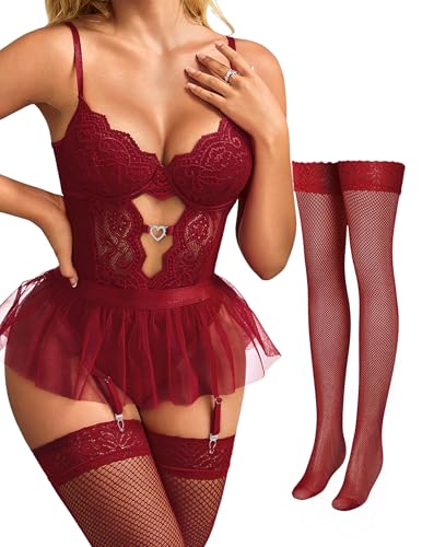 Womens Lingerie Set Sexy Lace Bodysuit with Detachable Mesh Mini Skirt Push up Garter Lingerie Sets(4pcs)