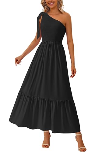 PRETTYGARDEN Womens One Shoulder Summer Maxi Dress Smocked Flowy Boho Beach Long Sundress Sleeveless Wedding Guest Dresses