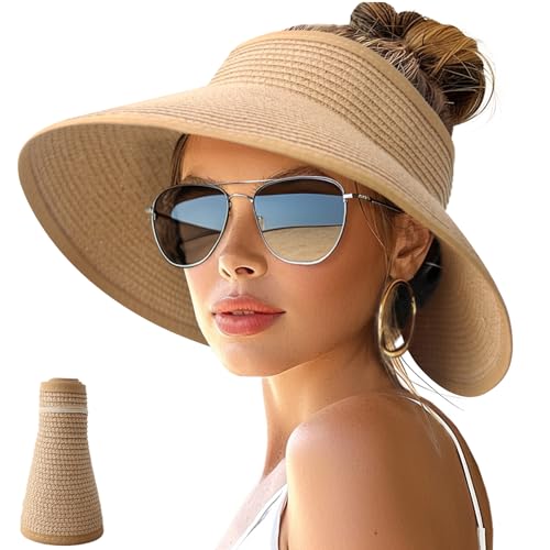 NPJY Sun Hats for Women Wide Brim Roll-Up Beach Ponytail Hat Packable Foldable Travel Straw Visor