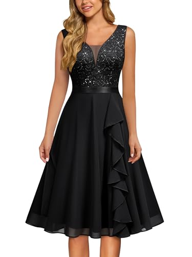 MISSMAY Women's Vintage V-Neck Sequin Formal Party A-Line Dress