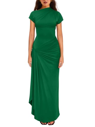 YMDUCH Women's Casual Short Sleeve Boat Neck Ruched High Split Bodycon Long Party Dress