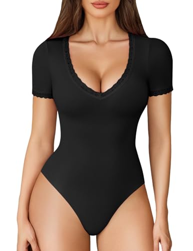 Avidlove Short Sleeve Bodysuit for Women Lace V Neck Body Suits Double Lined Bodysuits Sexy Going Out Top