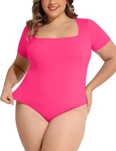FOREYOND Plus Size Bodysuit for Women Short Sleeves Square Neck Body Suit Tops Casual Basic Slim Fit Shirts Leotards