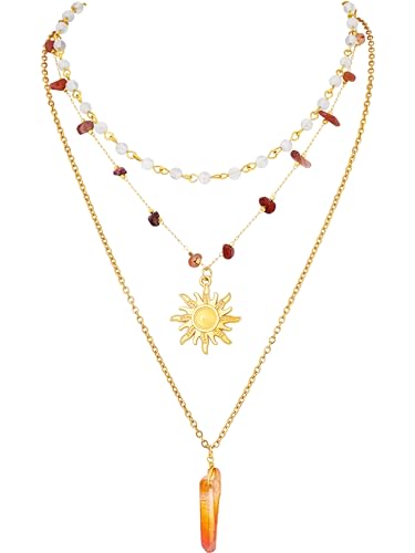 Sacina Layered Crystal Sun Necklace, Boho Hippie Summer Beach Necklace, Boho Hippie Jewelry, Christmas Jewelry Gift for Women