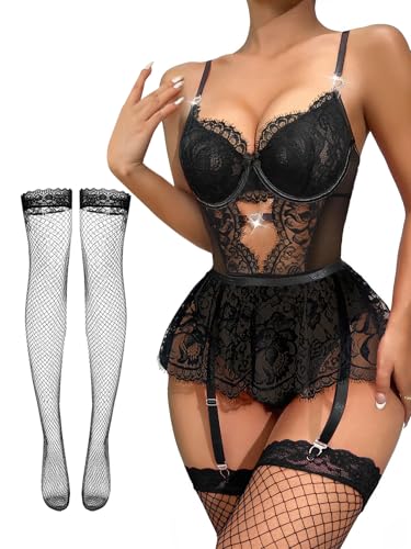 Lilosy Sexy Stocking Heart Rhinestones Underwire Babydoll Lace Mesh Garter